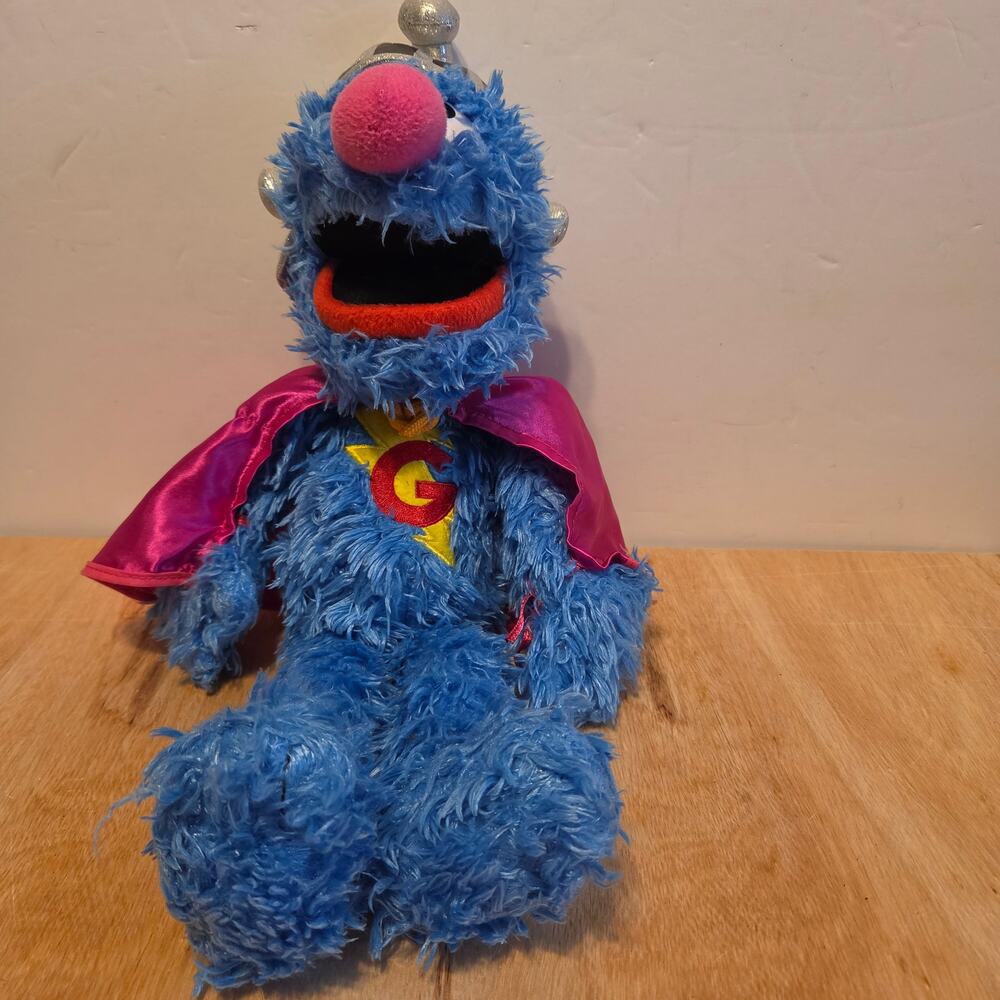 Super Grover Plush Toy silver helmet pink cape and a "G" on his chest 17.5"